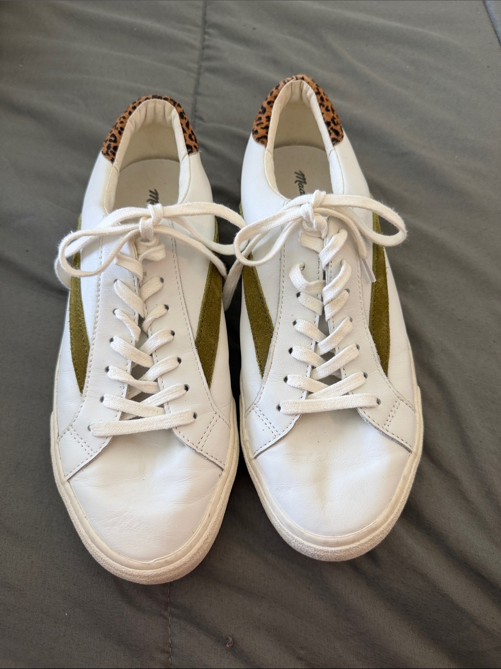 Madewell White Sneakers with Olive Stripe and Leopard Heel